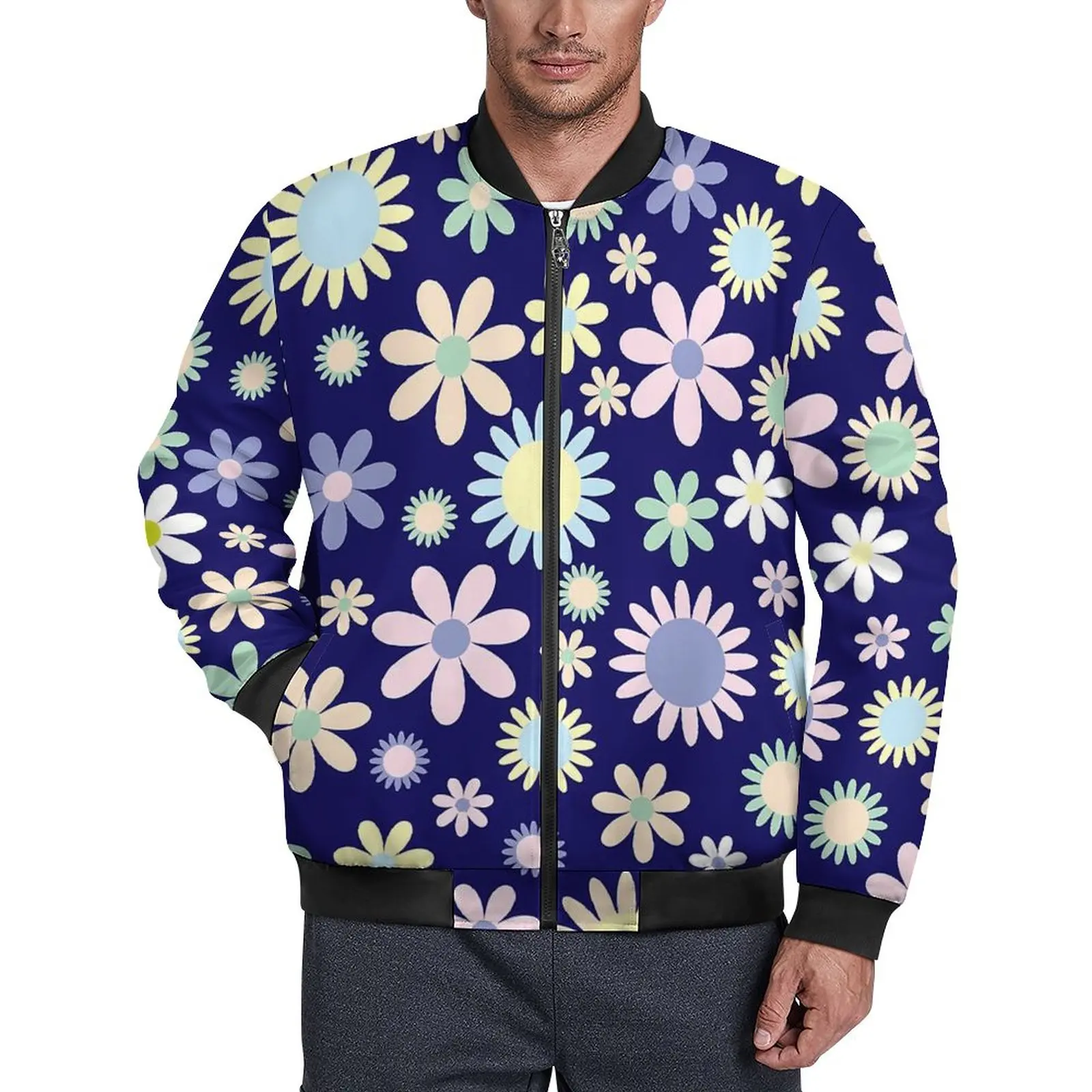 

Field of Daisy Jackets Men Flower Power Print Winter Coats Aesthetic With Pockets Casual Windbreak Pattern Outdoor Jacket