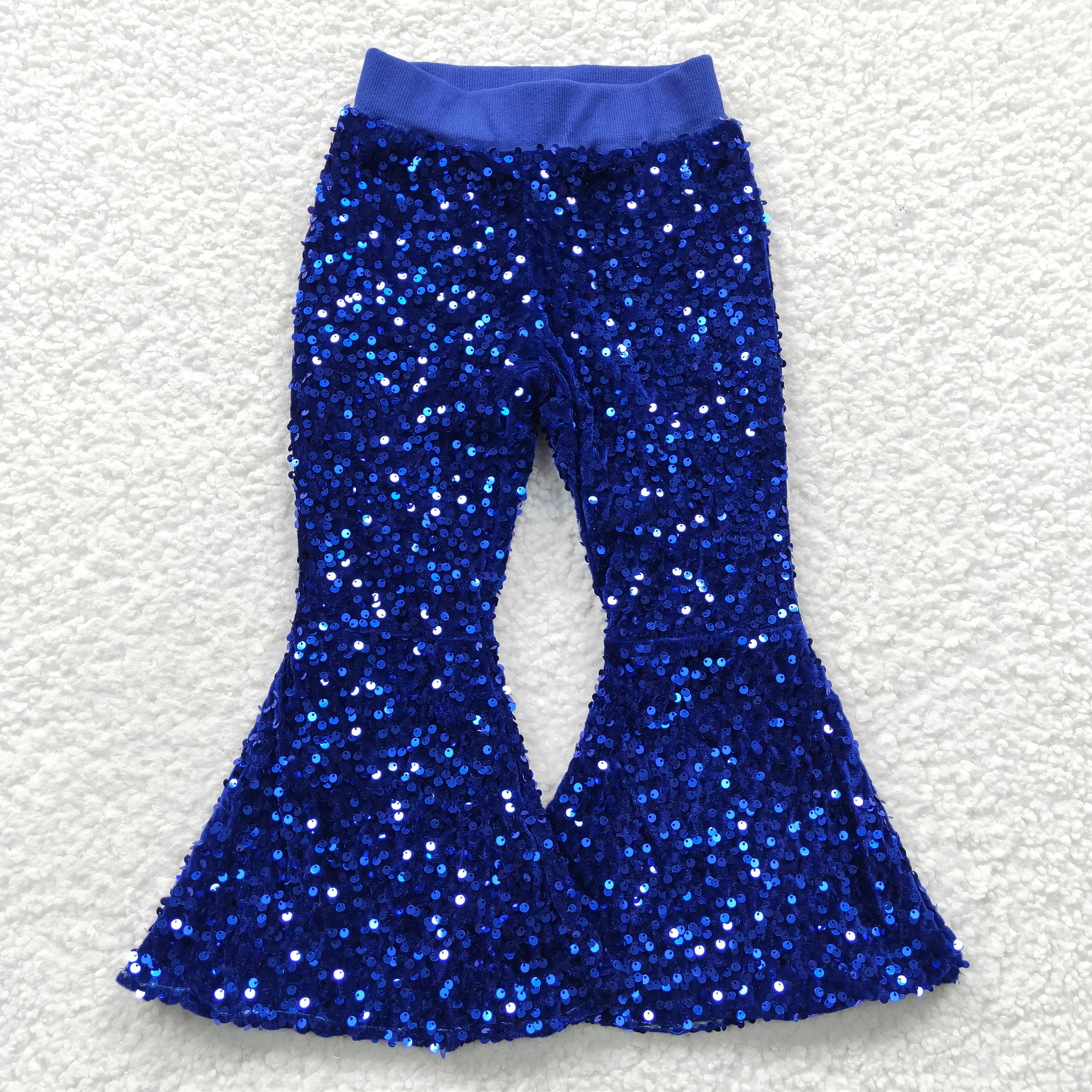 

New Design 2023 RTS Soft Cotton Lining Boutique Girls Bling Sequins Trousers Kids Blue Flare Pants