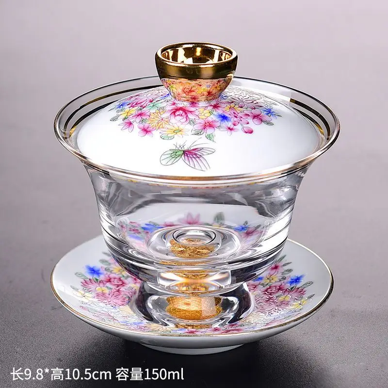 Glass enamel painted glass cover bowl, large size, three talents tea bowl, tea tray, cup, coffee cup