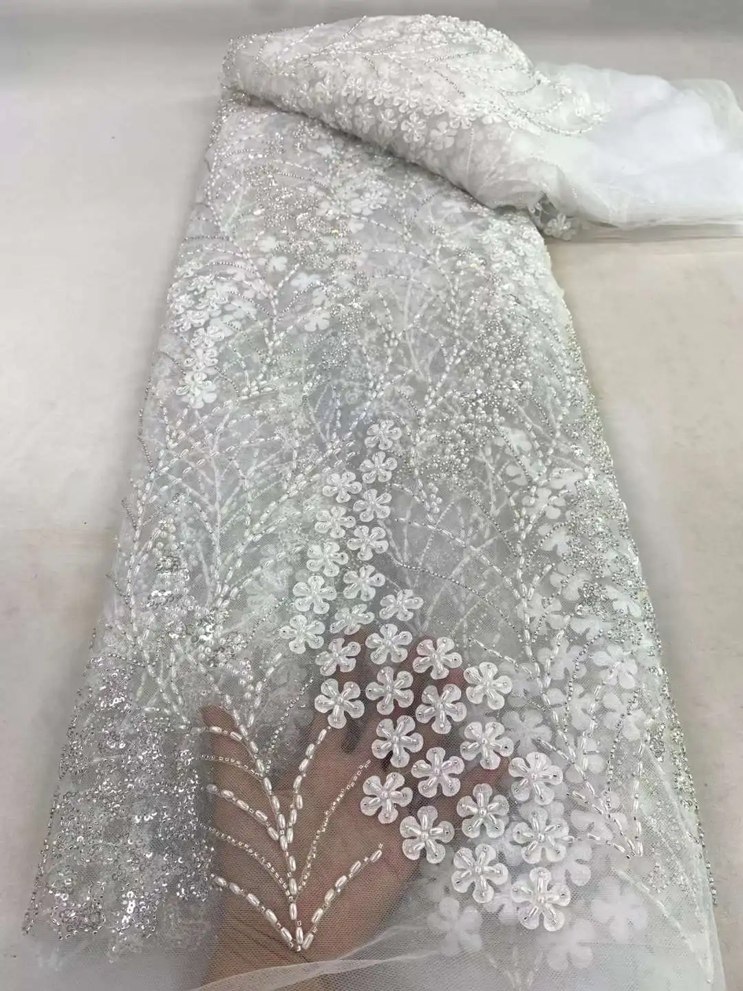 Luxurious White African Sequins Lace Fabric 2023 High Quality Heavy Beaded Embroidery French Tulle Lace For Sewing Wedding Dress