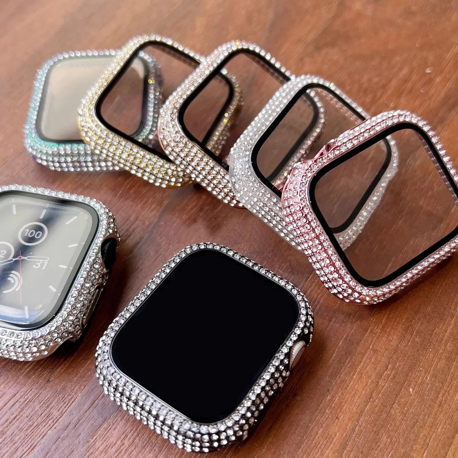Apple Watch Screen Protector Case 1pc Rhinestone Decor Tempered Glass For Apple Watch 38/40/41/42/44/45Mm Series SE/9/8/7/6/5/4/3/2/1