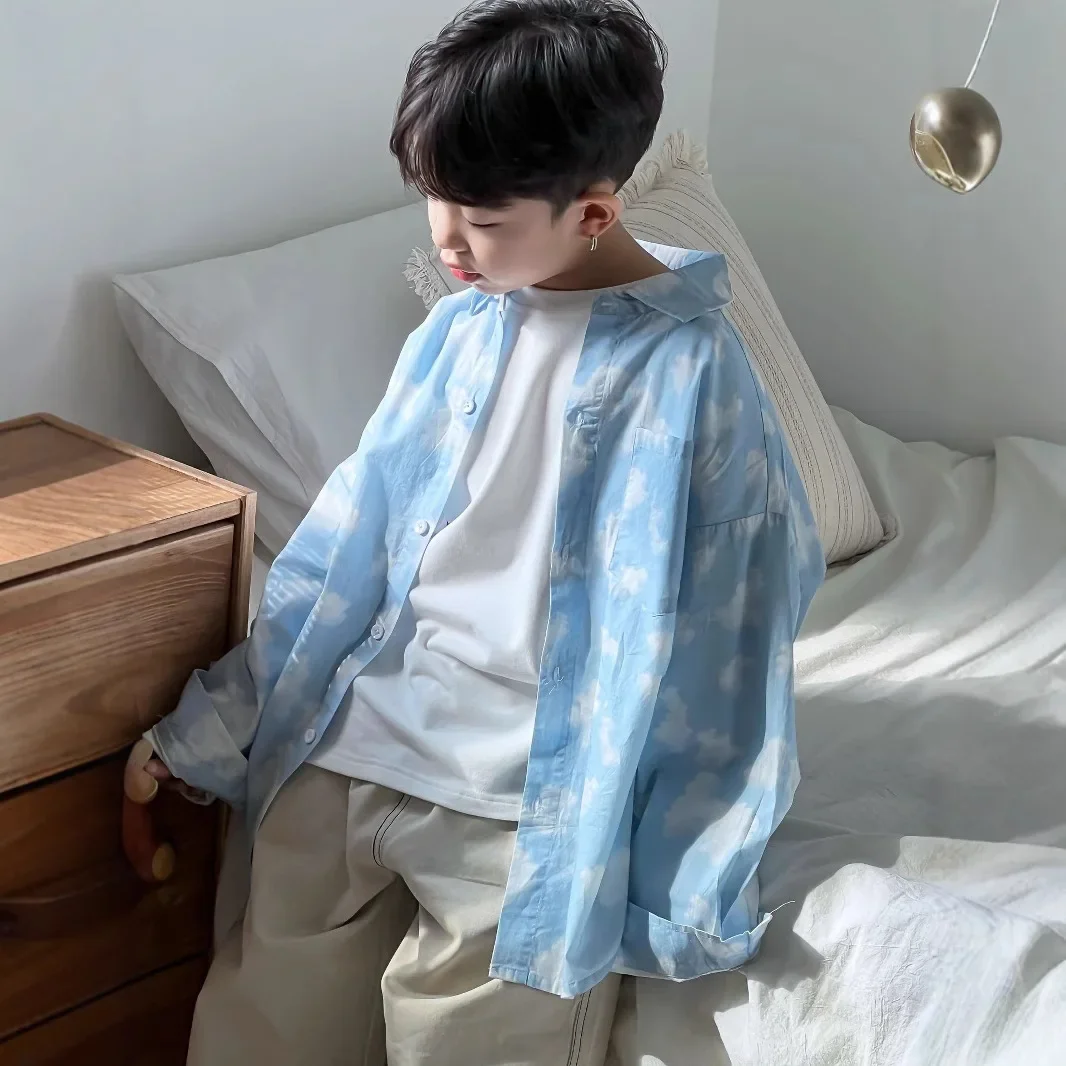 Spring 25 Loose Fit Children's Shirt Blue Fresh Washed Cotton Cloud Print Boys' Clothing Korean Style Kids' Top