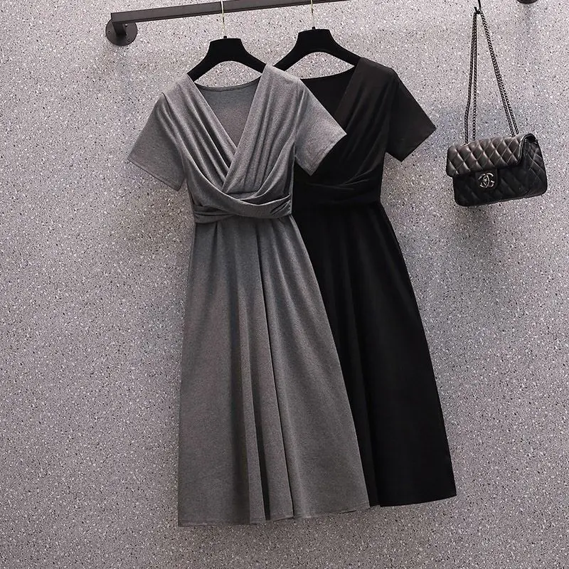 

Large Size Women's Summer Suit Female 2021 New Temperament Western Style Slimming Pleated Pure Color All-Matching Simple Dress