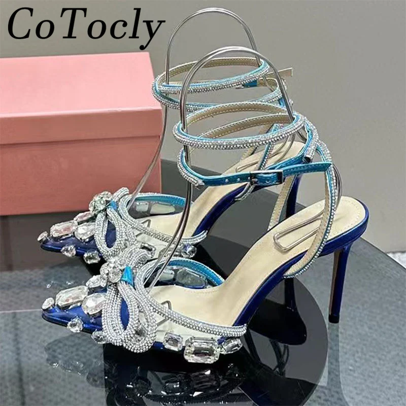 

Luxury Crystal Butterfly-knot High Heels Shoes Women Pointed Toe Slingbacks Runway Shoes PVC Ankle Strap Summer Sandals Woman