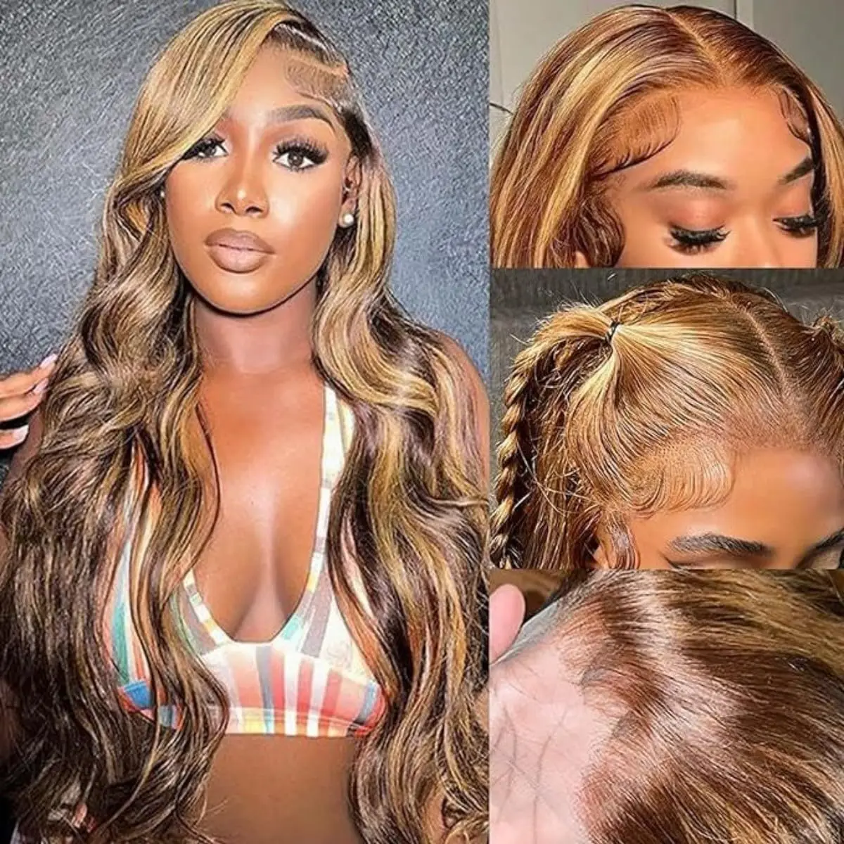 

427 Highlight Ombre Wig Brown Honey Blonde Body Wave Lace Front Human Hair Wigs Brazilian 13x4 HD Transparent Lace Frontal Wig ﻿