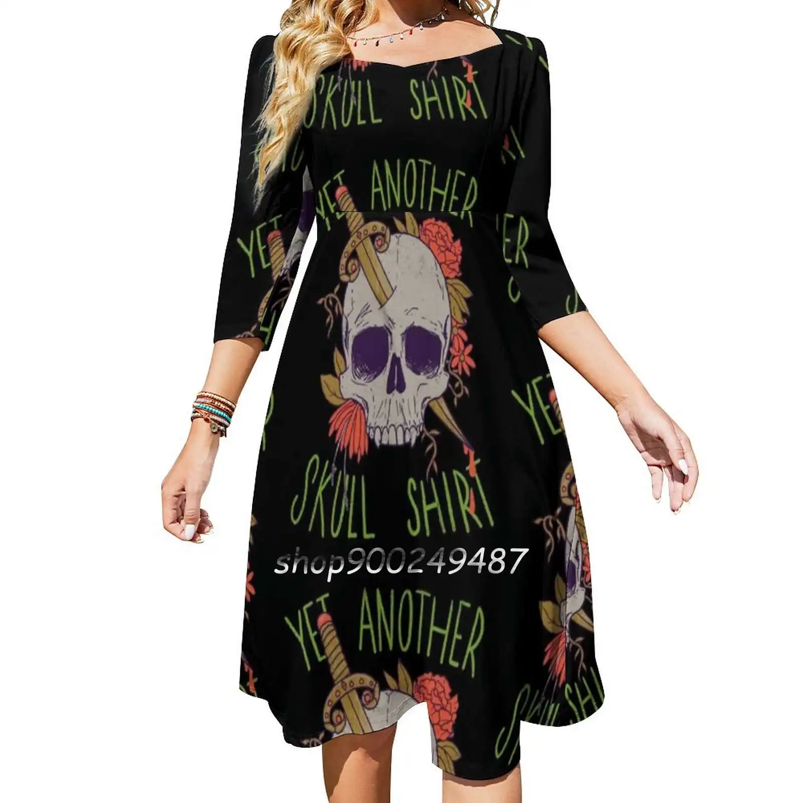 

Еще один череп рубашка милой узел расклешенное платье модный дизайн большой размер свободное платье Череп Черепа скелета тату цветы