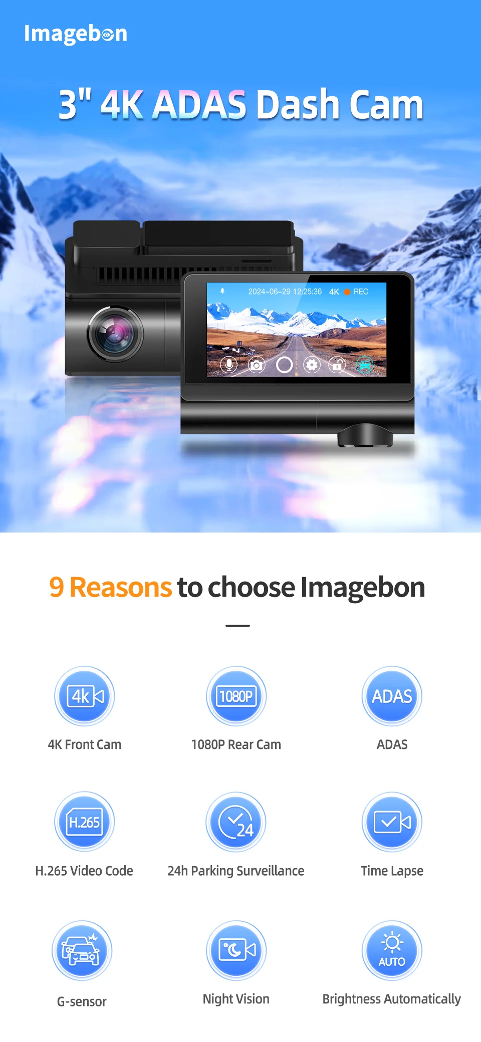 Imagebon Q3 3-Zoll 4K+1080P UHD ADAS Mini-Dashcam mit Nachtsicht, Dual-Aufnahme, 24-Stunden-Parküberwachung, GPS, WLAN, Auto-DVR – Detail 1