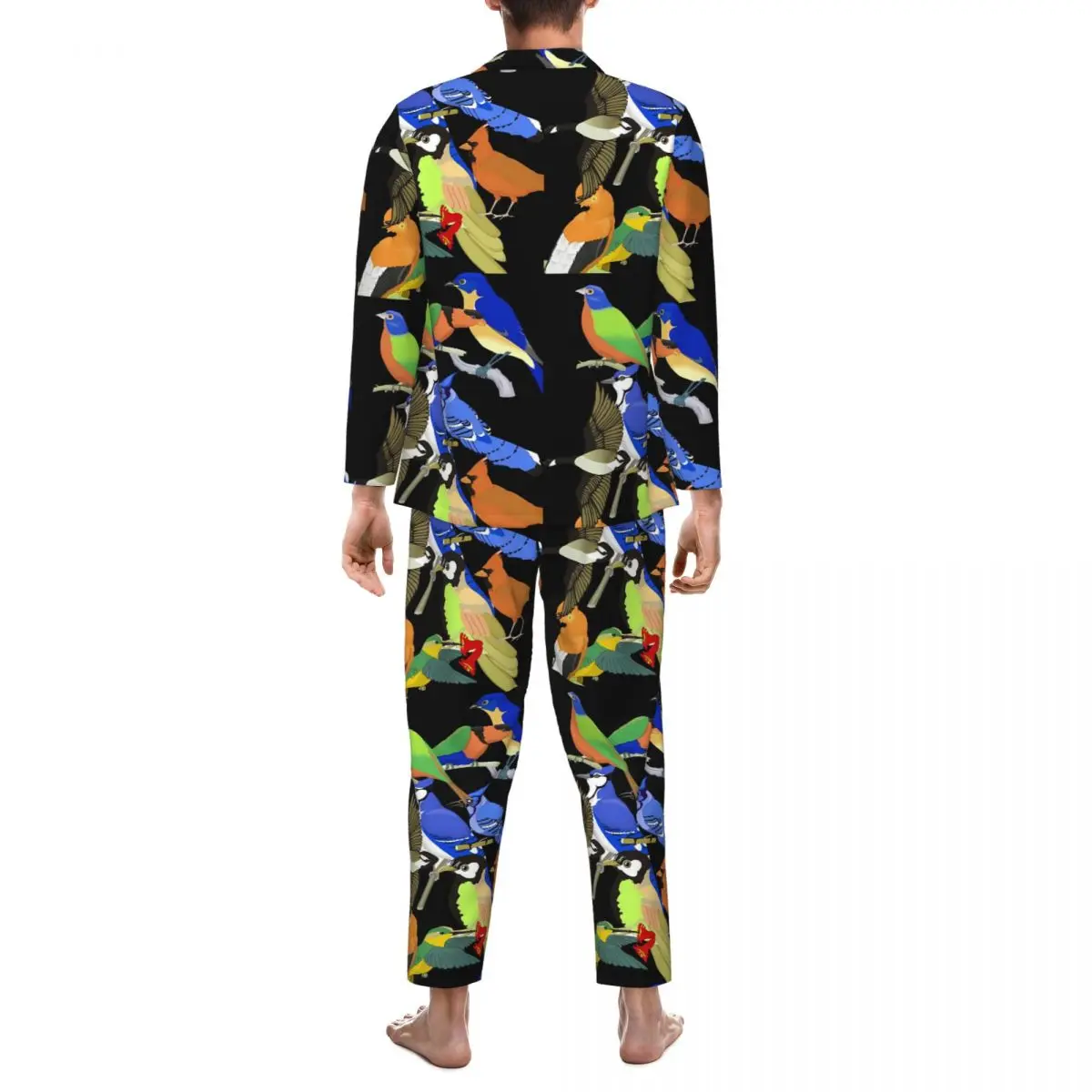 Wild Bird Sleepwear Autumn Colorful Tropical Animal Loose Oversize Pajama Set Male Long Sleeve Fashion Home Printed Nightwear