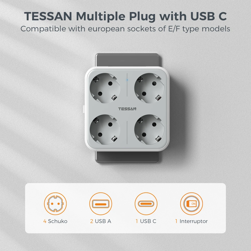 TESSAN Multiple Wall Socket Extender 4 Outlets 2 USB 1 Type C 7 In 1 Plug Socket with Switch Overload Protection