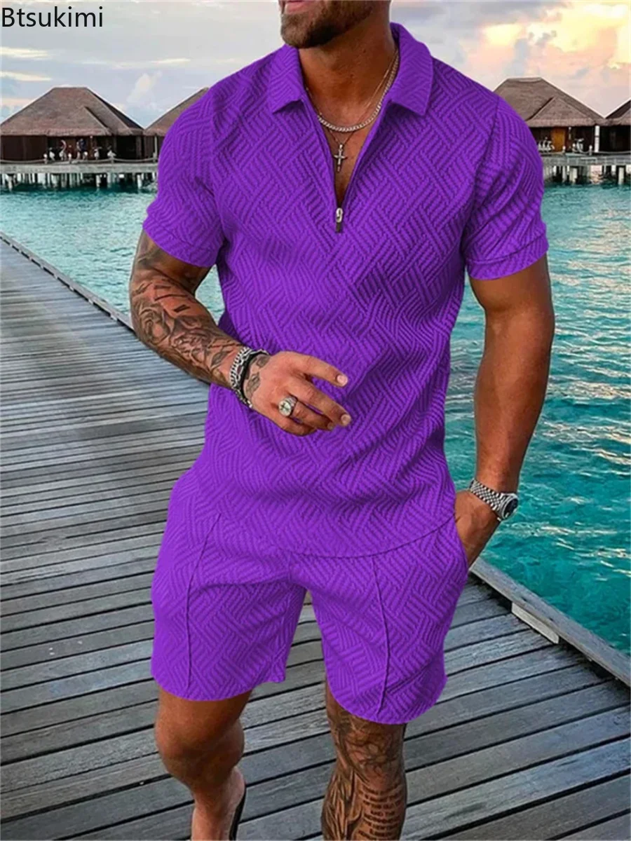 

2024 Men's Summer Polo Suit Shorts Sets 3D Print V-neck Zipper Short Sleeve POLO Shirt+Shorts Sets Two Pieces Men Casual Outfits