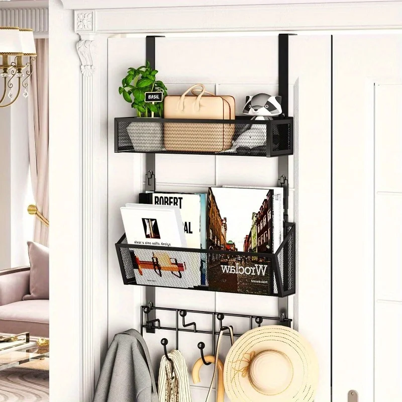 Over The Door Hooks with 9 Hooks and 2 Baskets, Rustproof & Waterproof 304 Stainless Steel Door Hanger, Over The Organizer