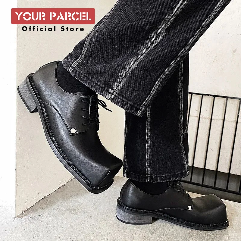 Derby shoes men's square toe Korean version niche design upturned trend leather shoes thick soles and increased height