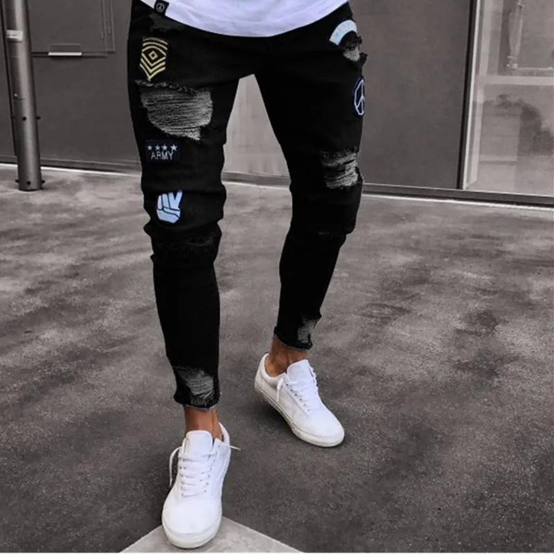 2024 Spring Summer Hip Hop Ripped Men's Jeans Classic Blue Black Embroidered Stretch Skinny Jeans Street Fashion Pants S-XXXL