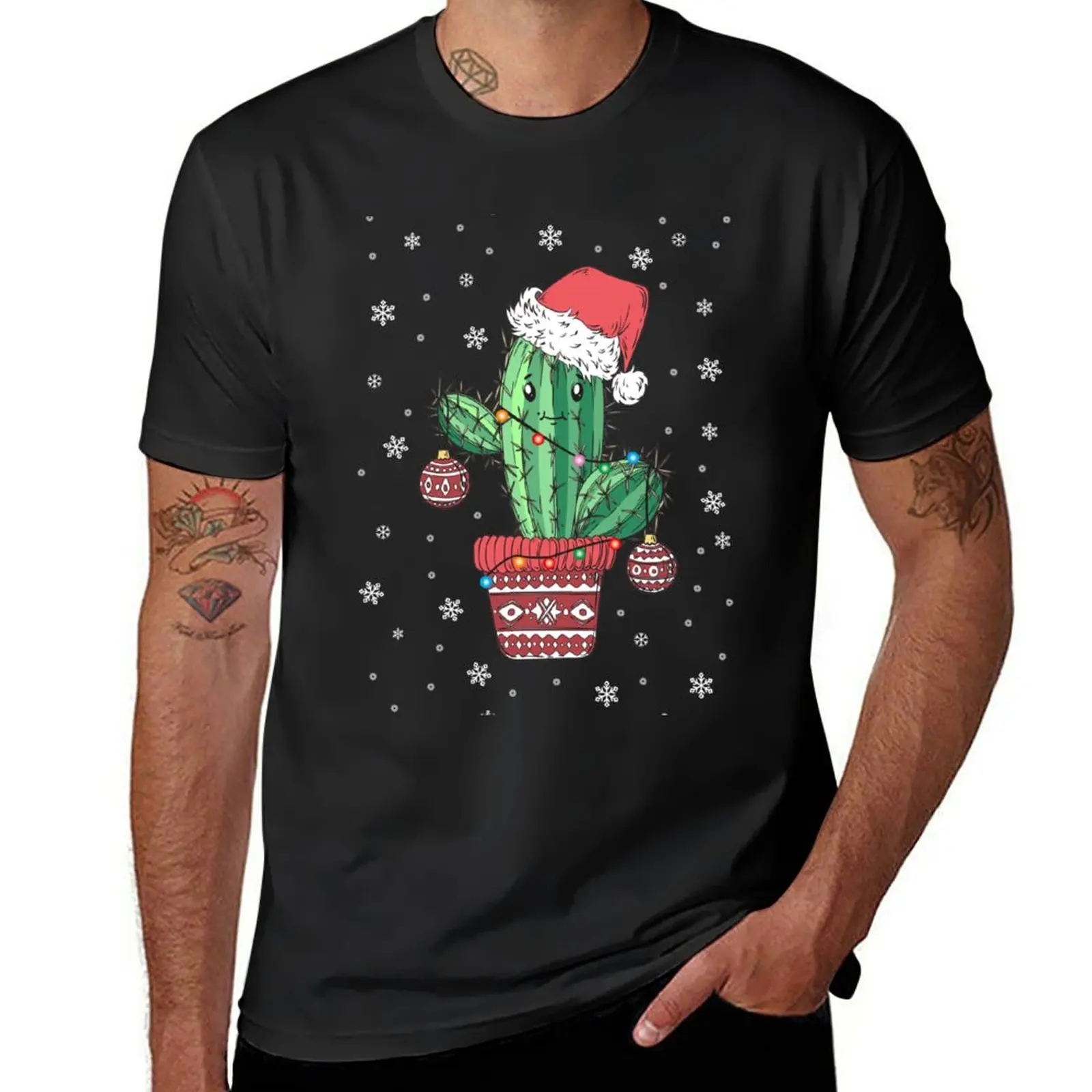 

Новинка, Рождественская футболка с изображением кактуса, Санта, футболка оверсайз, тяжелые футболки, мужские футболки