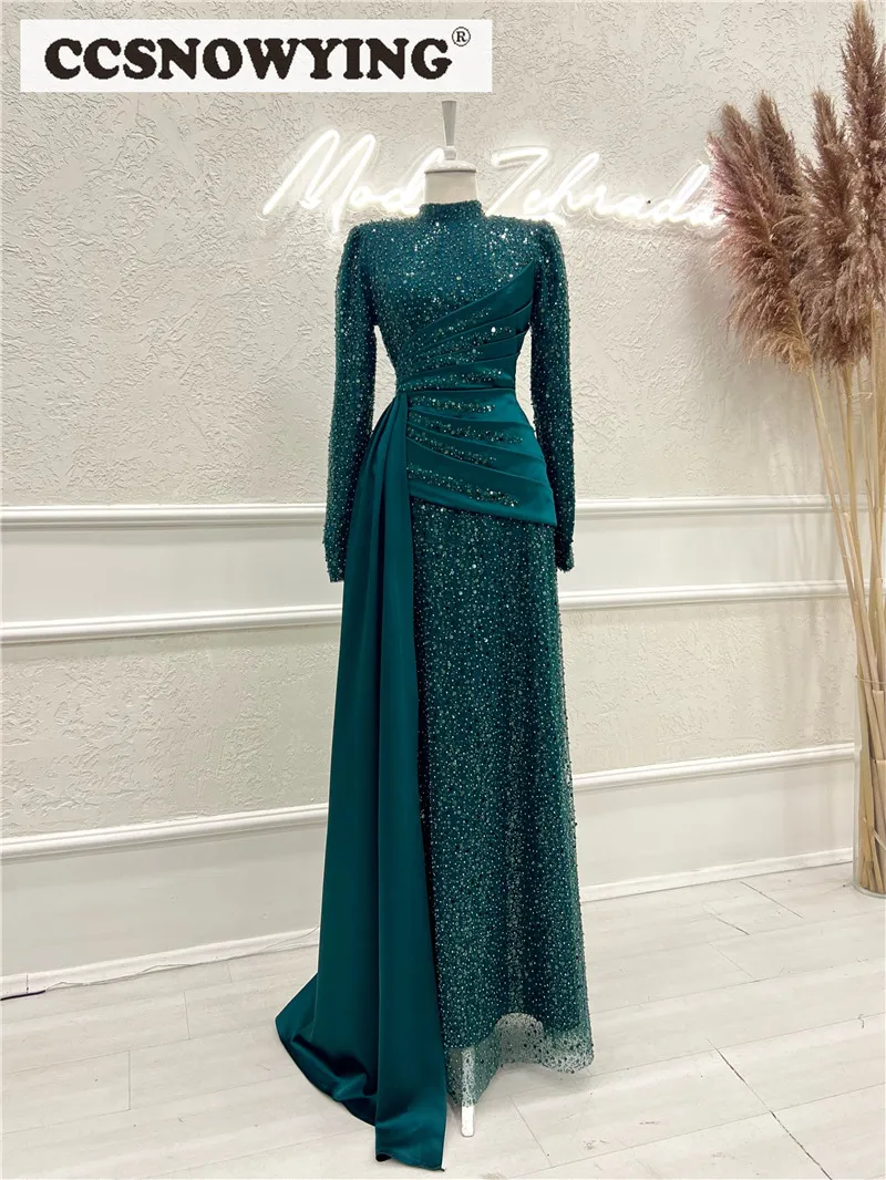 

Sparkly Sequin Beaded Muslim Evening Dresses Long Sleeve Hijab Islamic Women Formal Party Gowns Arabic Dubai Robes De Soirée