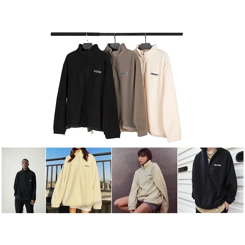 

ESSENTIALS Double Line Fleece Half High Neck Zippered Men's Jacket with High Street Loose Plush Insulation Sweater Fleece Jacket