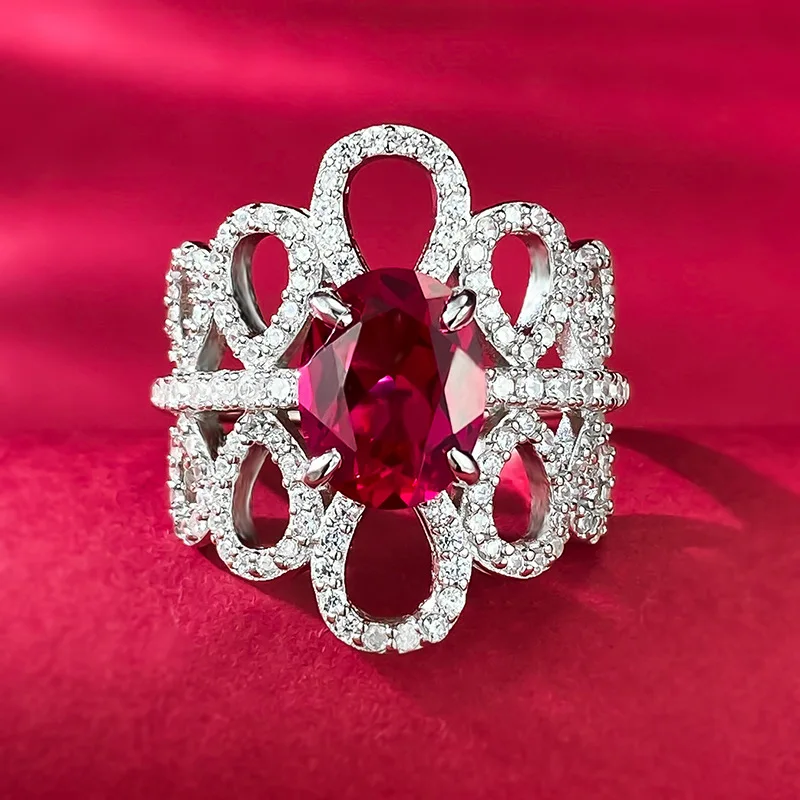 

S925 Silver 7 * 9mm Pigeon Blood Red Pigeon Egg Full Diamond Joyful Red High Carbon Diamond Wholesale for Women