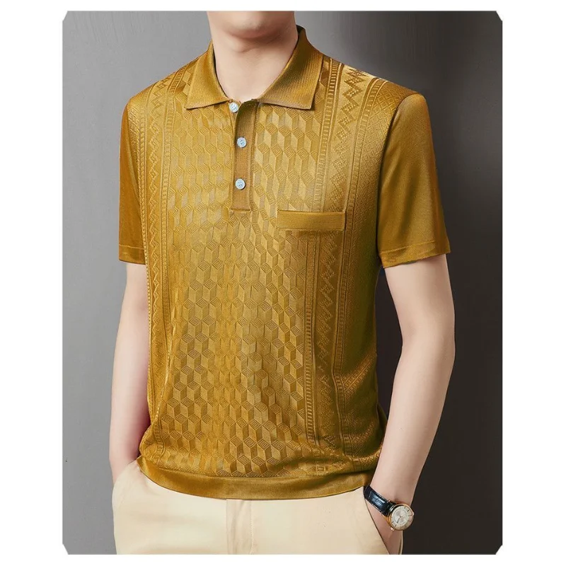 Polo da uomo in maglia jacquard tinta unita con taschino sul colletto, manica corta, elegante, estivo, per affari - immagine 6