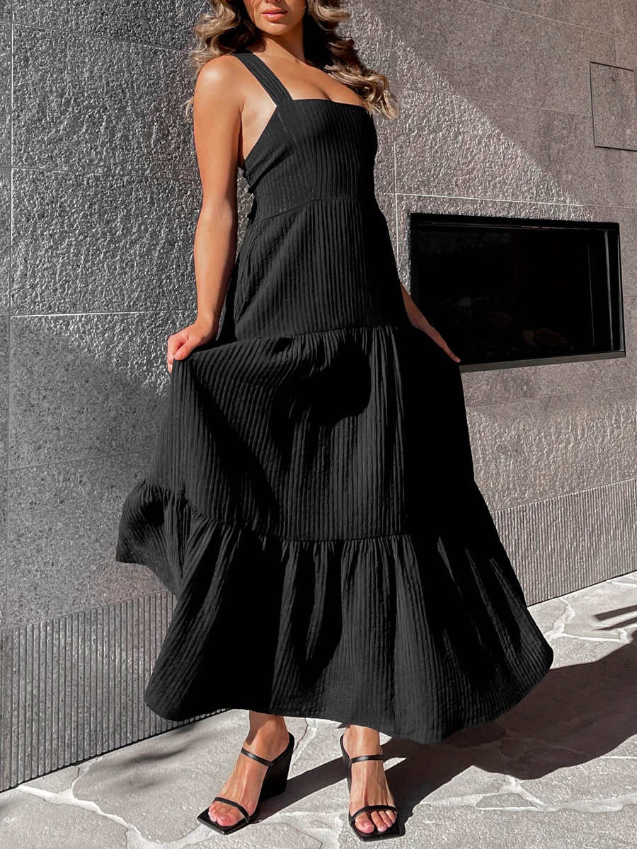 

Women Summer Halter Bohemian Maxi Dress Casual Sleeveless Solid Off Shoulder Swing Smocked Tiered Sexy Long Sundress with