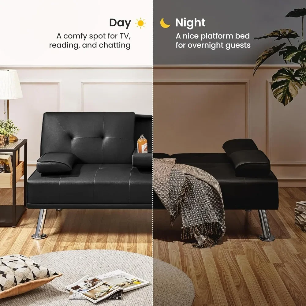 Modern Sofa Bed Faux Leather Sofa Convertible Folding Futon Couch with Armrest Home Recliner Home Furniture for Living Room