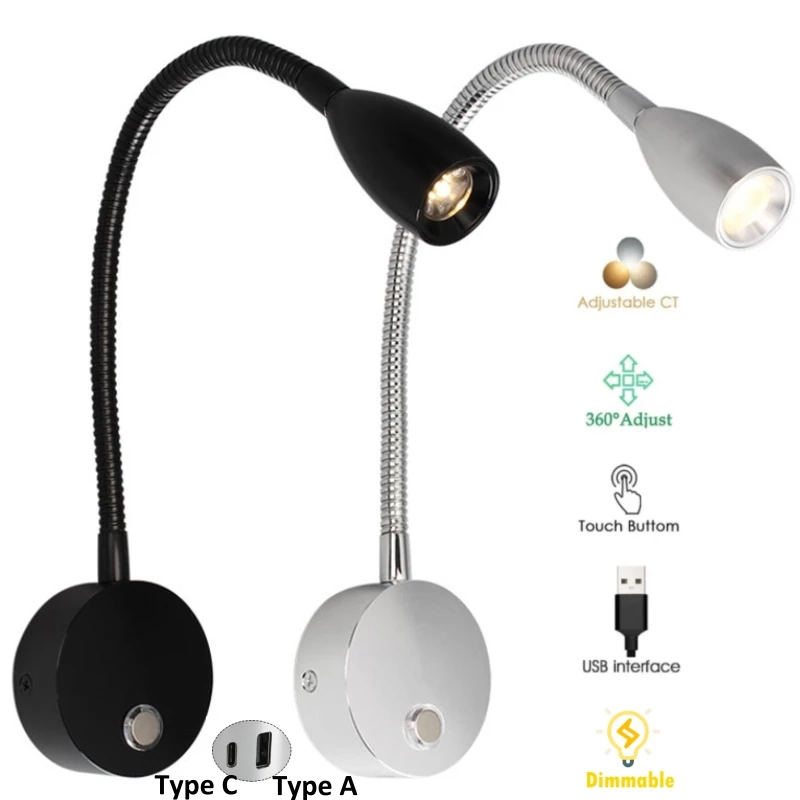Tokili Camper Light 12V Cavaran Indoor LED Touch Dimmer Switch with 2 USB Chargers 24V Flexible Gooseneck RV Boat Reading Lamps