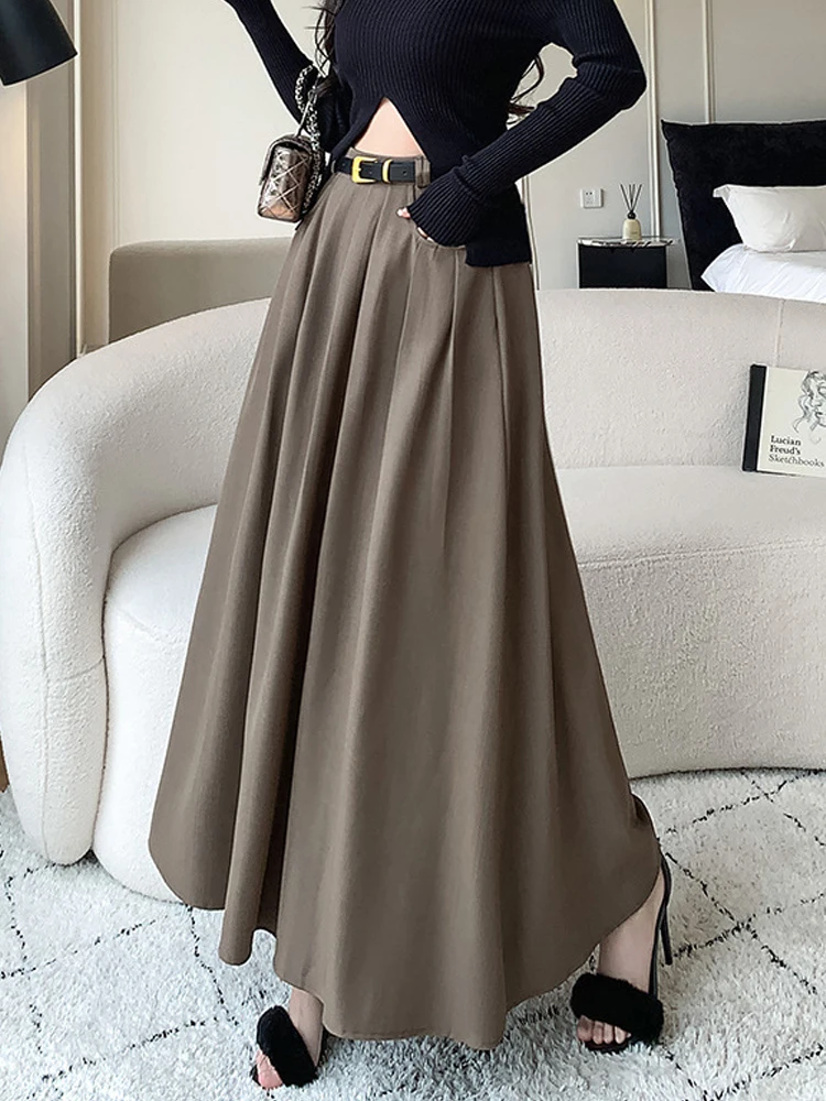 

Long Skirts Women Elegant Fashion Maxi Skirt Female Autumn Winter High Waist Pleated Skirts Office Lady A Line Skirt with Belt