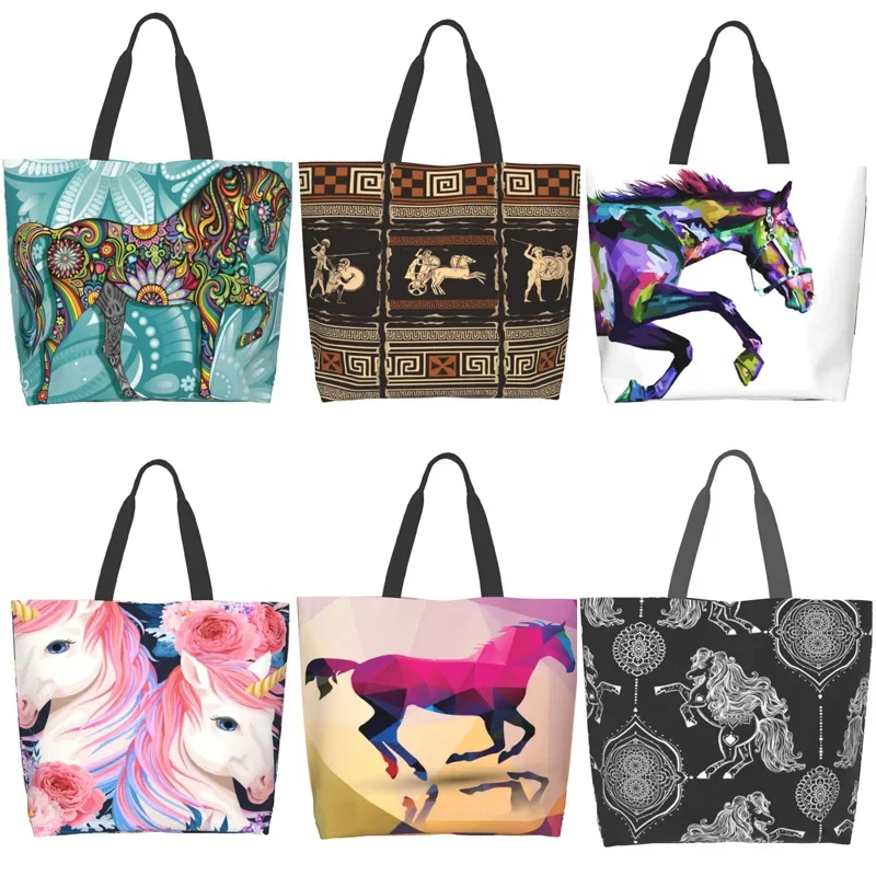 

Floral Horse Canvas Tote Bag Cute Shopper Bag Reusable Grocery Bags Handbag for Women Girls Shopping Lightweight Christmas Gift