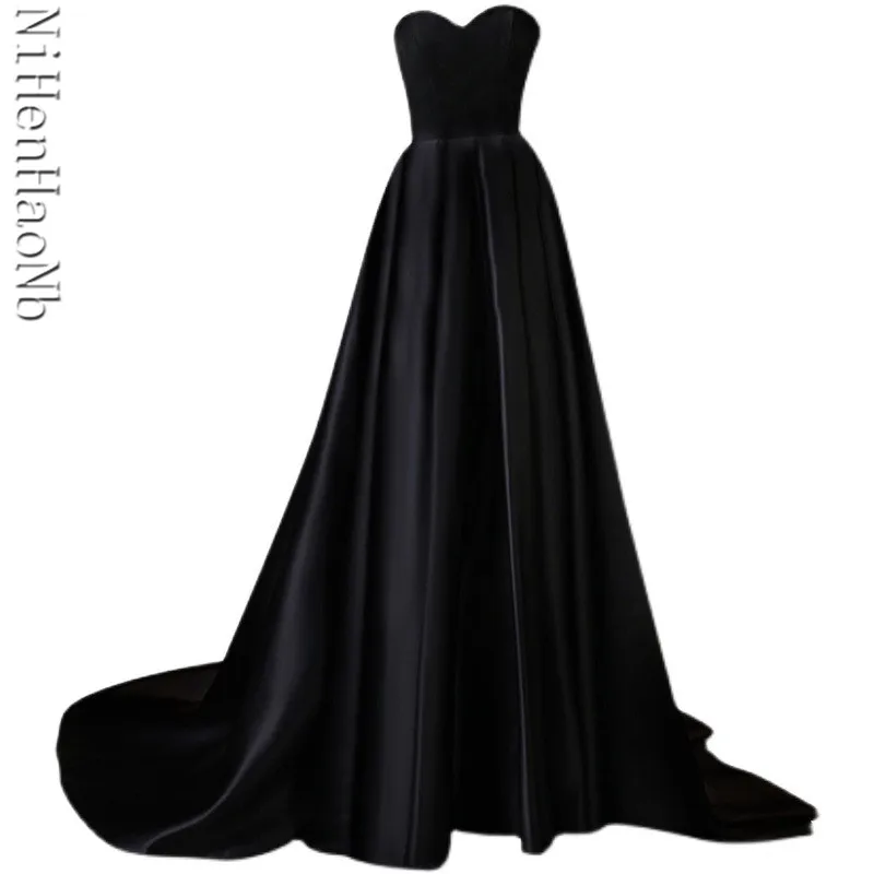 

Black Velvet And Satin Maxi Flared Dress Sexy Evening Dress Lace-Up Back A Line Wedding Party Gown with Train Prom Gowns