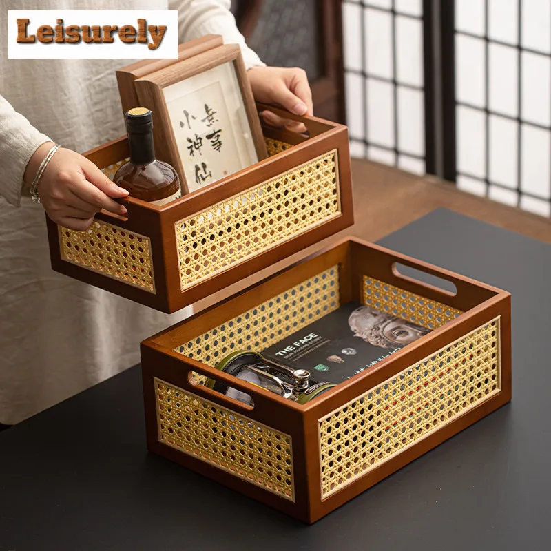 Handmade Brown Bamboo Rattan Storage Basket Food Storage Tray Debris Sorting Box Self-help Display Home Table Decoration Trays