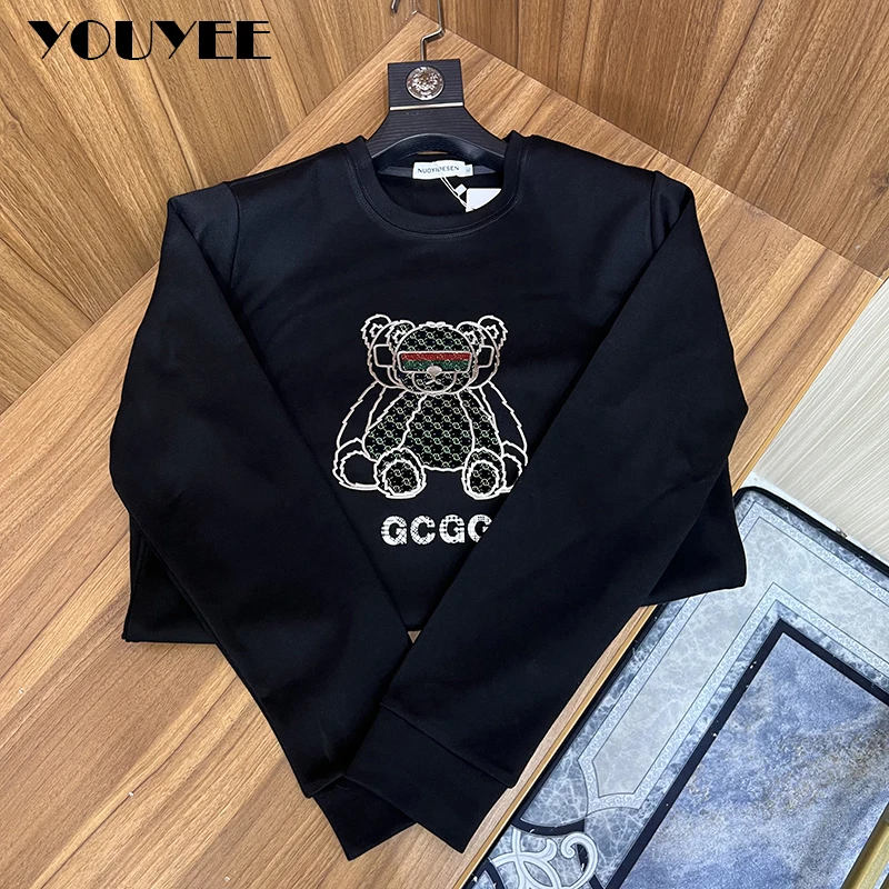 New Fashion Luxury Bear Rhinestones Hoodie Men Black White Blue Sweatshirt