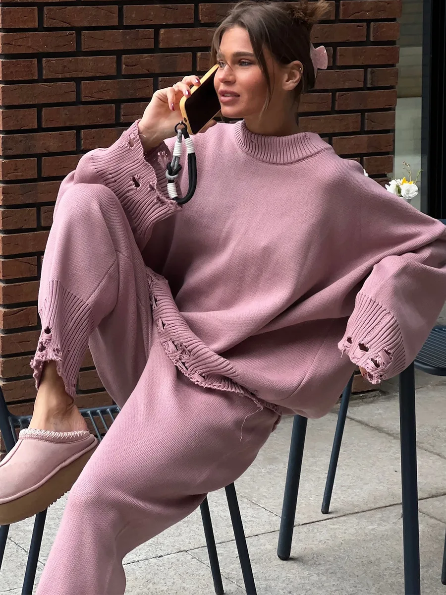 Two Piece Ripped Set Women Knit Tracksuits O Neck Long Sleeve Casual Baggy Sweatshirts+ Joggers Pants Outfits 2025 Fall Winter 2