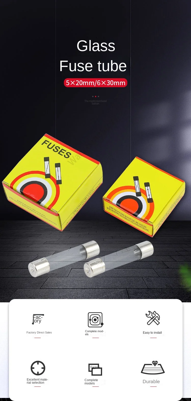 Description Picture 2 of item10/100PCS Fuse tube 5x20 6x30 glass fuse tube 250v0.1A 0.2A0.5A1A2A3A5A6 10A15A20A30A