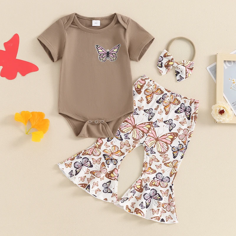 

2024-03-23 Lioraitiin Baby Girl Summer Outfits O-Neck Short Sleeve Rompers Butterfly Print Flare Pants Headband 3Pcs Clothes Set