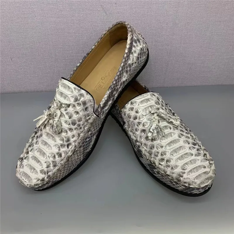 

Authentic Real True Leather Men's Slip-on Serpentine Tassel Moccasins Shoes Genuine Exotic Leather Male Casual Loafers Flats