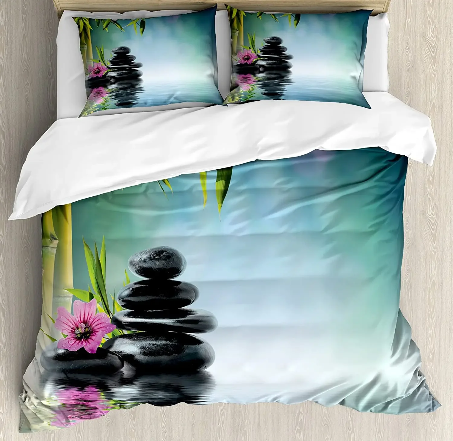

Zen Garden Bedding Set For Bedroom Bed Home Pink Flower Spa Stones and Bamboo Tree on the Duvet Cover Quilt Cover And Pillowcase