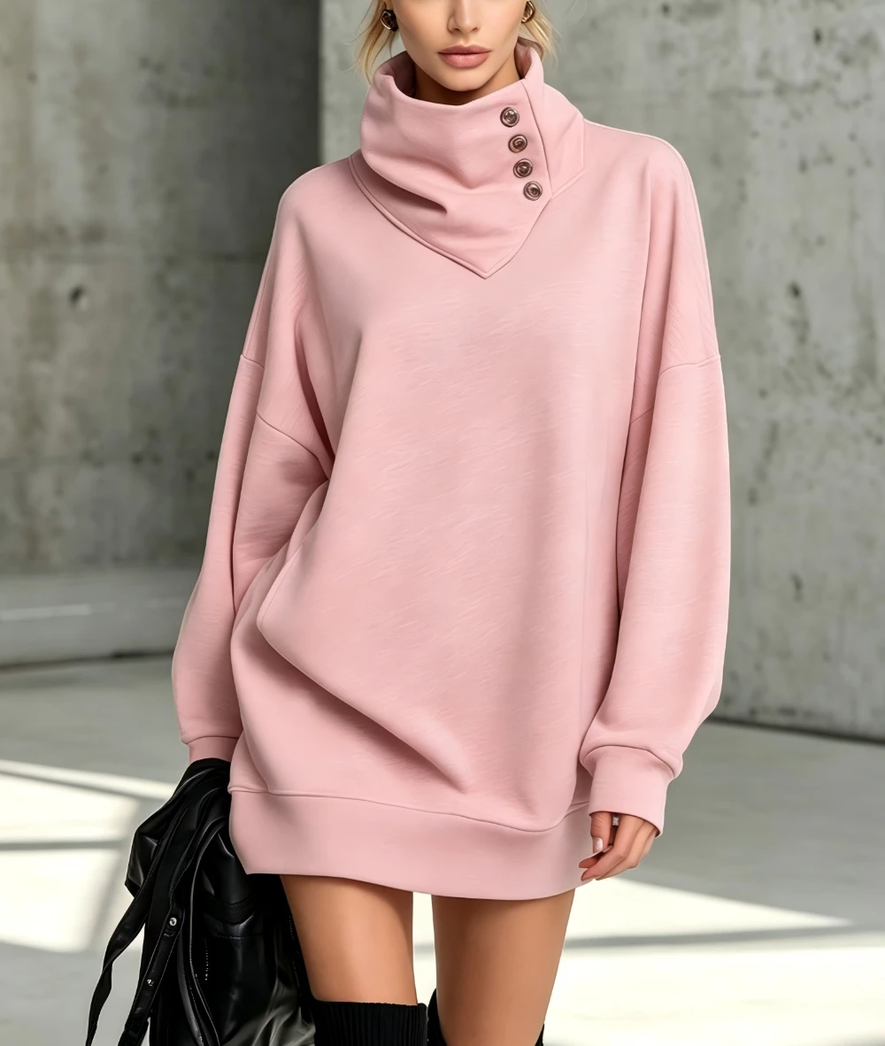 Vintage Niche Design Button Placket High Collar Long Sleeve Top For Women Fashion Simple Loose Daily Versatile Solid Color Top