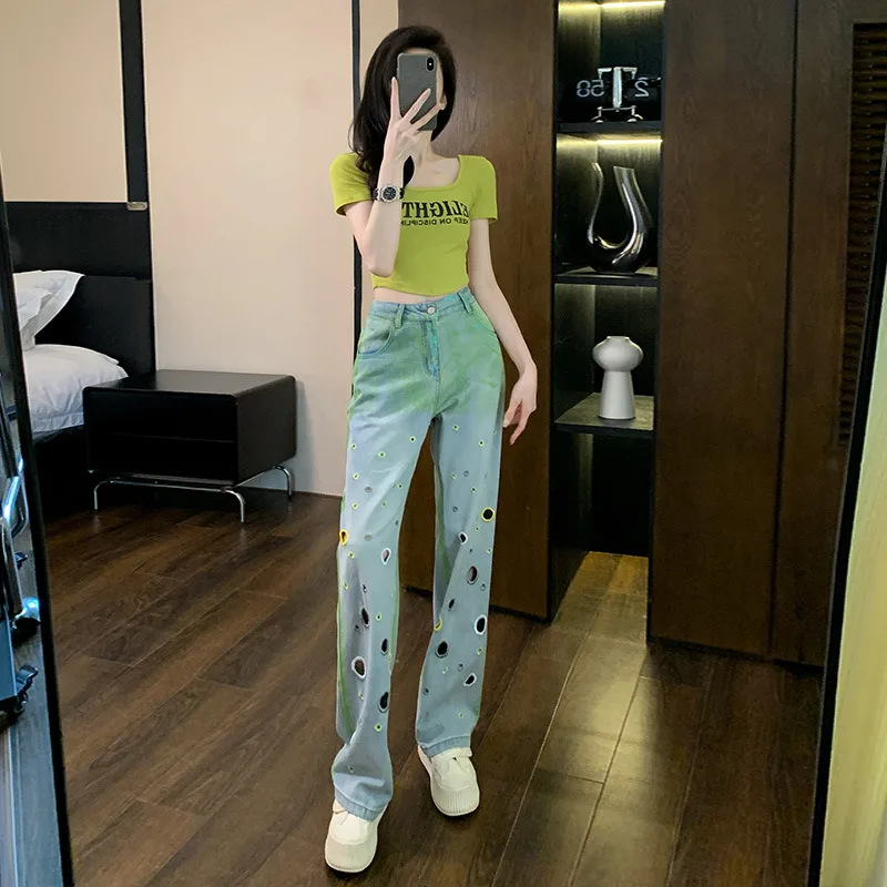 Denim Planet 2024 High End Trendy New Fashion Casual Slim Fit Summer New Wide Leg Metal Circular Looped Jeans