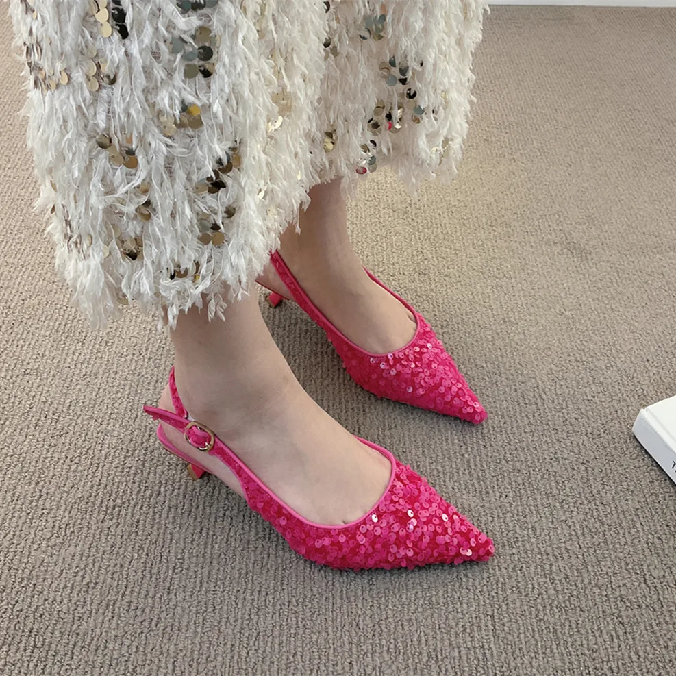 Bailamos New Bling Women Sandals Fashion Pointed Toe Shallow Slip On Ladies Elegant Slingback Shoes Med Heel Pumps Shoes Size40