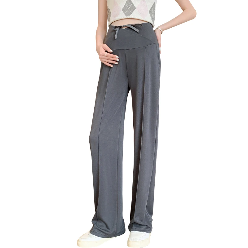 Korean Style Summer Maternity Formal Trousers Loose Casual Pregnant Woman Straight Pants Low Waist Drawstring Pregnancy Pants 4