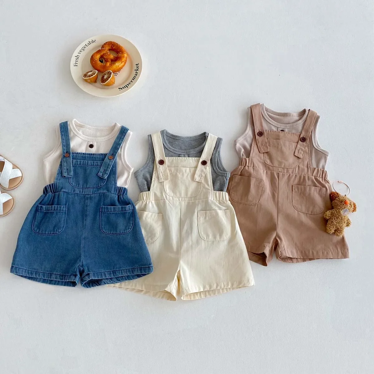 Description Picture 6 of itemChildren's Summer Overalls Shorts for Boys and Girls, Korean Woven Jeans for Infants and Young Children, Casual Outings