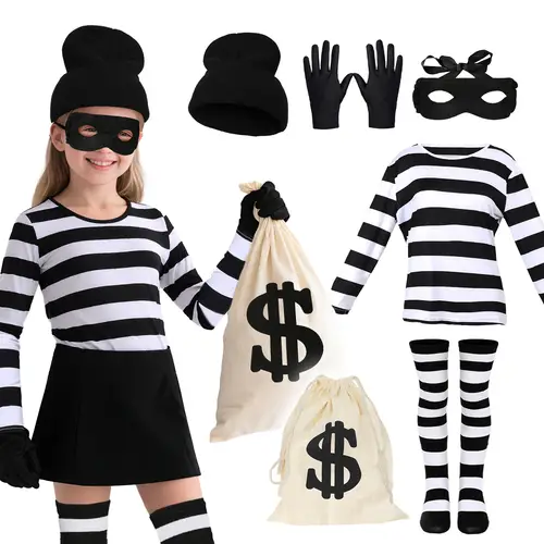 Boys Girls Robber Costume Girls Thief Accessories Jail Prisoner Costume Striped Top Sock Halloween Outfit Cosplay Props - Image 7
