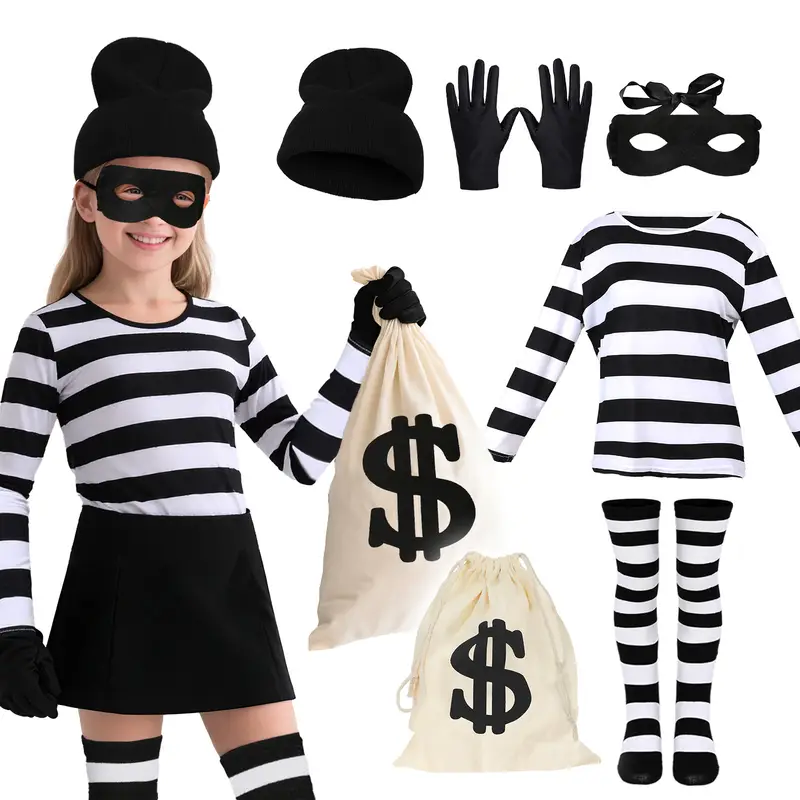 Boys Girls Robber Costume Girls Thief Accessories Jail Prisoner Costume Striped Top Sock Halloween Outfit Cosplay Props - Image 7