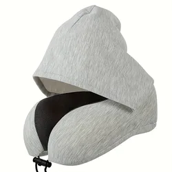 Plush Memory Foam Hooded Travel Pillow with Detachable Cover for Ultimate Comfort (Grey)