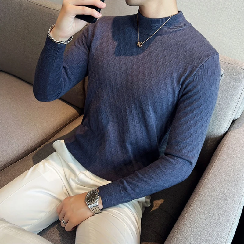 Brand Clothing Men's Winter Keep Warm Half High Neck Knit Plaid Sweaters Male Slim Fit Fashion Casual Knitting Sweater Pullovers fashion men autumn casual solid sweater men s button v neck sweaters slim fit knitting sweaters knit cardigan male casual tops