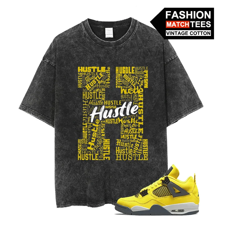 

Lightning 4s Sneaker Fashion Match Tees Alphabet 'H' Is For Hustle Print T-shirt Vintage COTTON Oversized Black Streetwear Tops