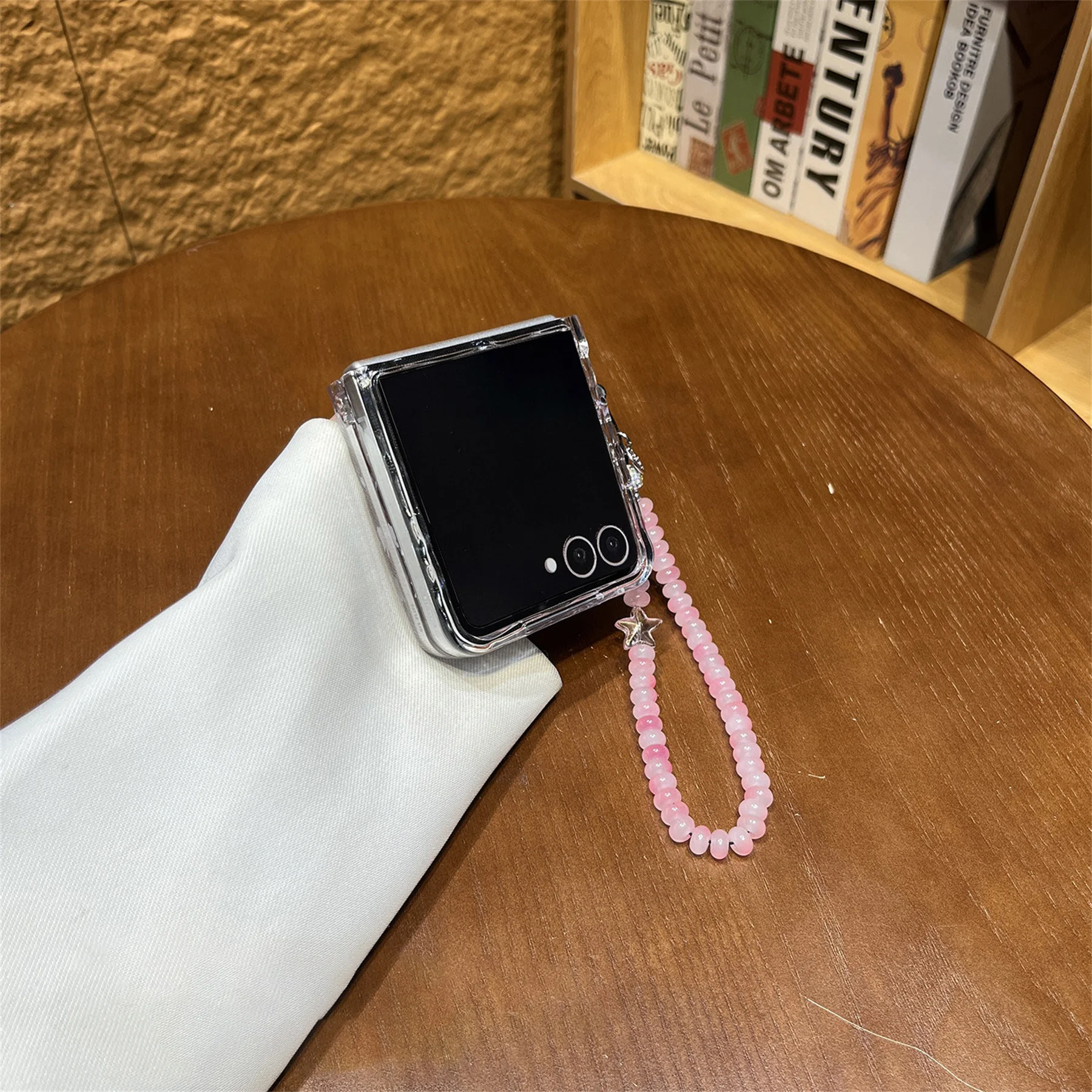 Korean Floral Flowers Transparent Phone Case with Pink Bead Chain