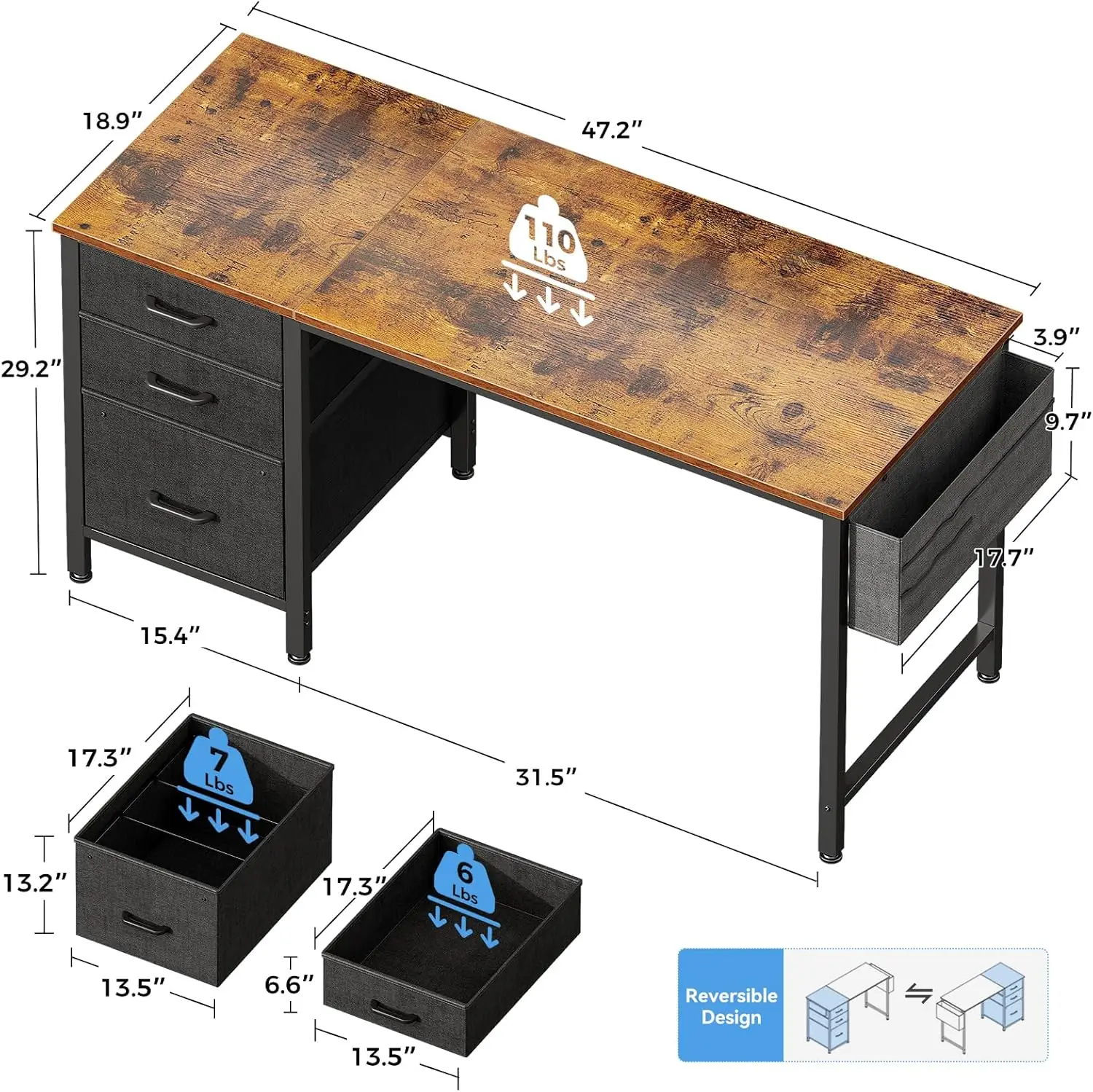 48" Home Office Desk with Fabric Drawers, File Cabinet, Storage Bag & Hook, Writing Table for Small Spaces - Vintage