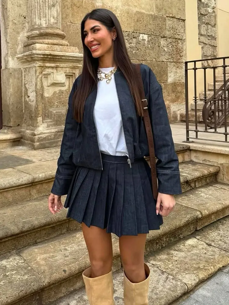 HH Women Denim Coat Skirts Suits Long Sleeve Zipper Denim Jacket Side Zipper Mini Skirt Fashion High Street Lady Outfits