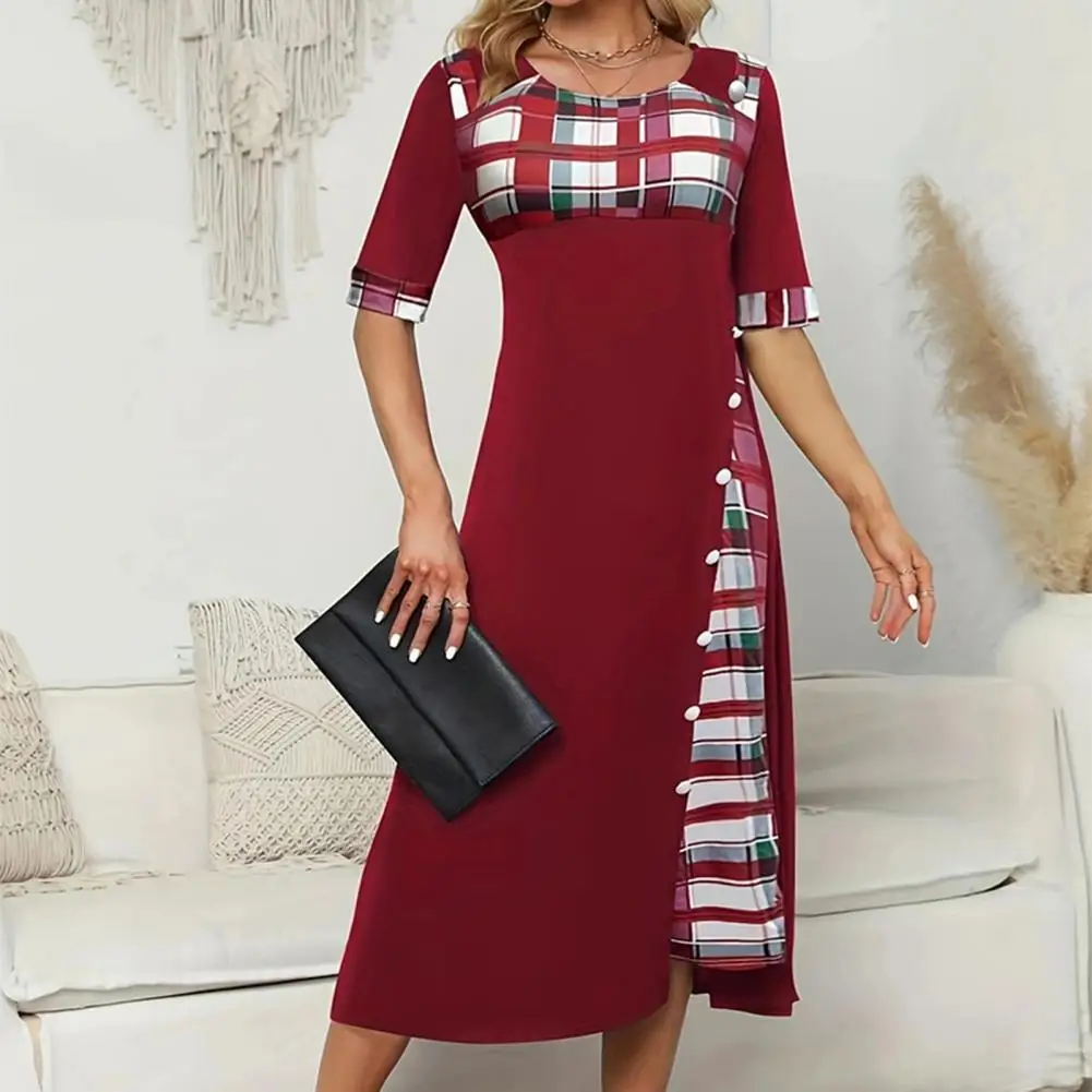 

Round Neck Dress Plaid Print A-line Summer Dress with Half Sleeve Round Neck Patchwork Color Matching Button Decor for Women