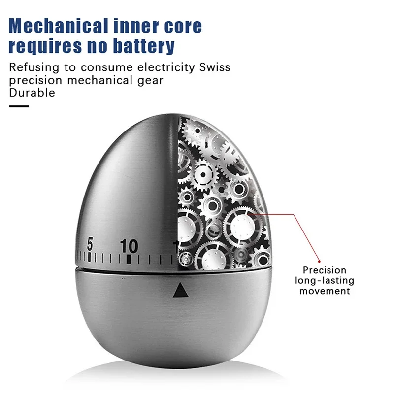 Stainless Steel Egg-Shaped Kitchen Timer with Mechanical Alarm